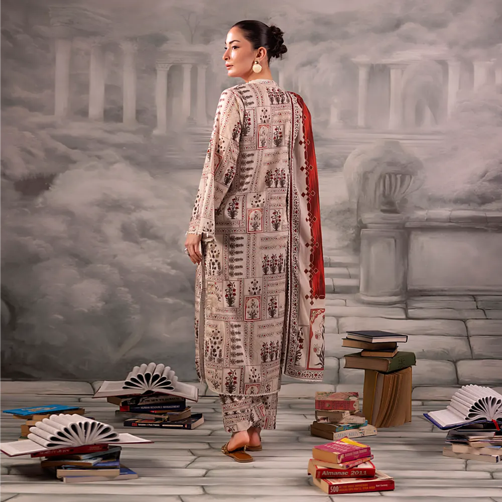 Warm Ivory Salina Separates Lawn Collection worn by model highlighting classic elegance.