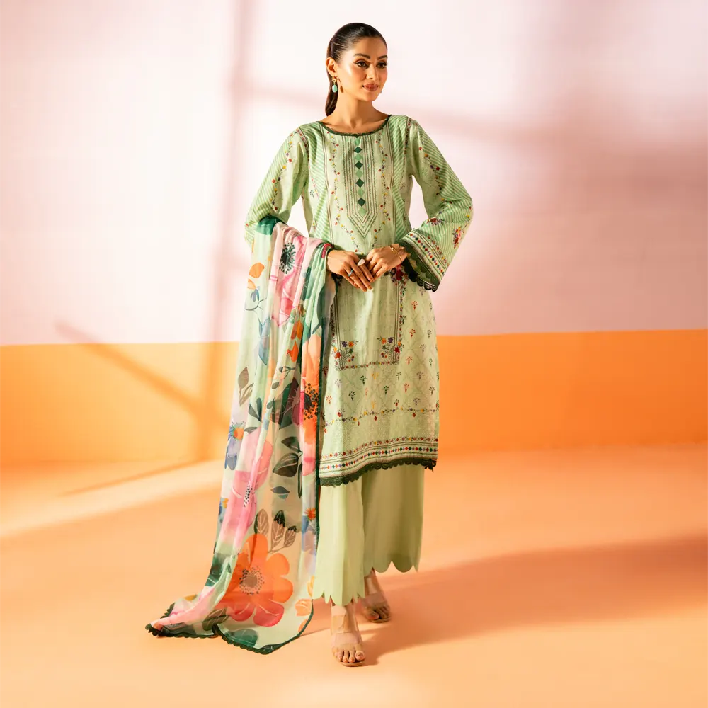 Salina 3pc Unstitched Mid Summer Cotton | Pista Green