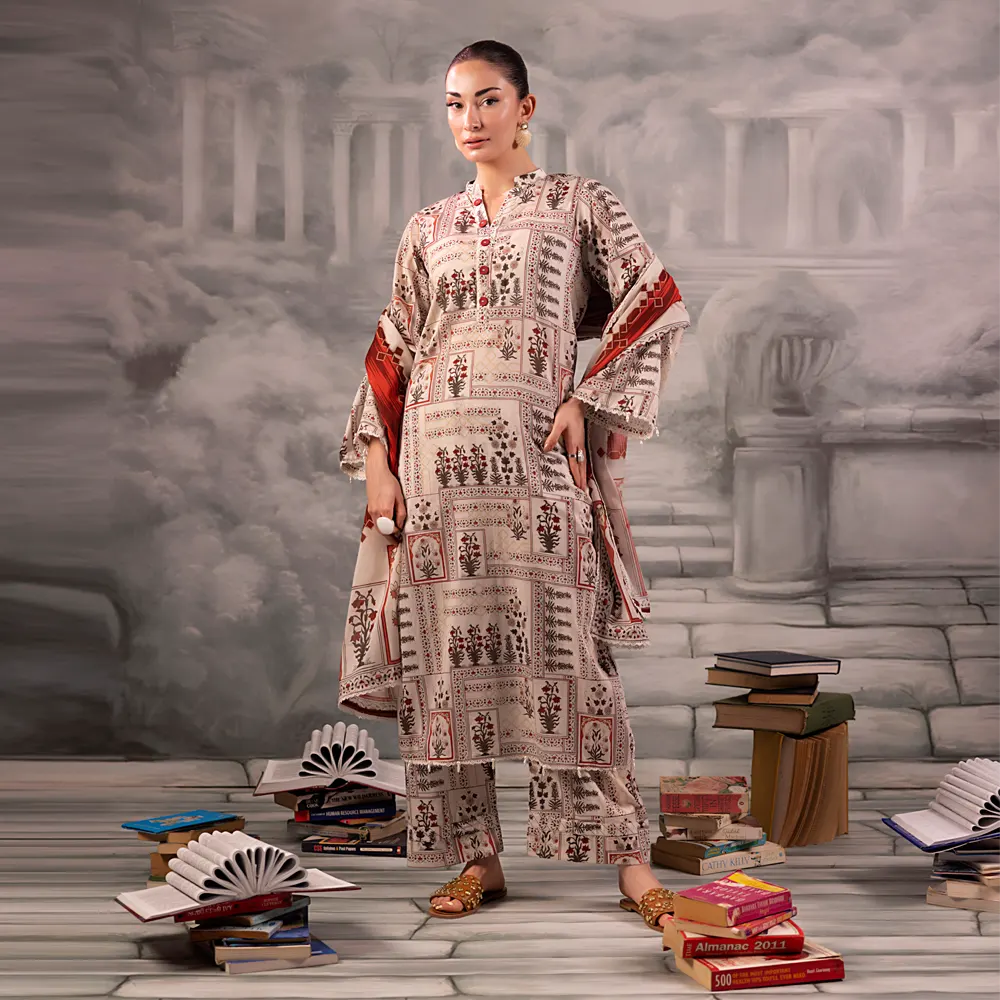 Warm Ivory Salina Separates Lawn Collection worn by model highlighting classic elegance.