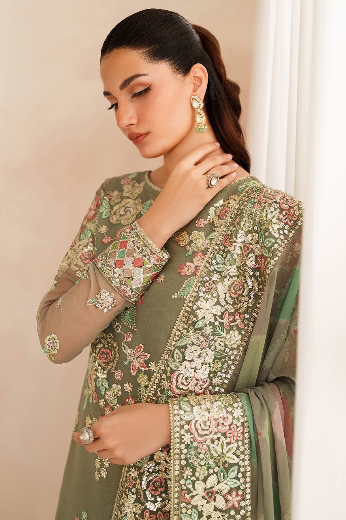 Full front view of the Farasha Luxury Chiffon Embroidered Olive Dazzle suit showcasing the embroidered front and border.