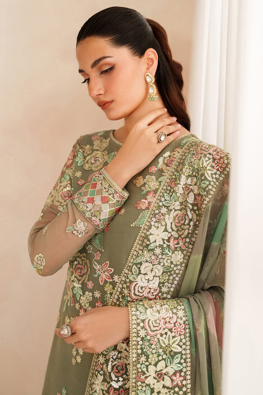 Full front view of the Farasha Luxury Chiffon Embroidered Olive Dazzle suit showcasing the embroidered front and border.