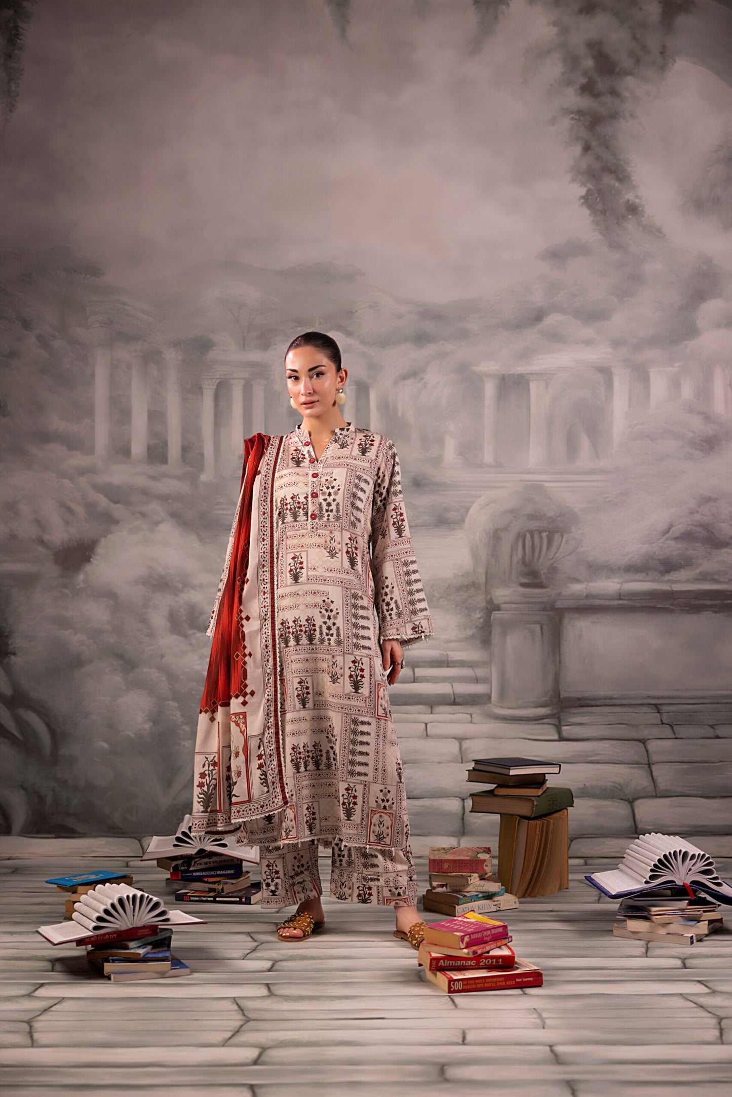 Warm Ivory Salina Separates Lawn Collection worn by model highlighting classic elegance.