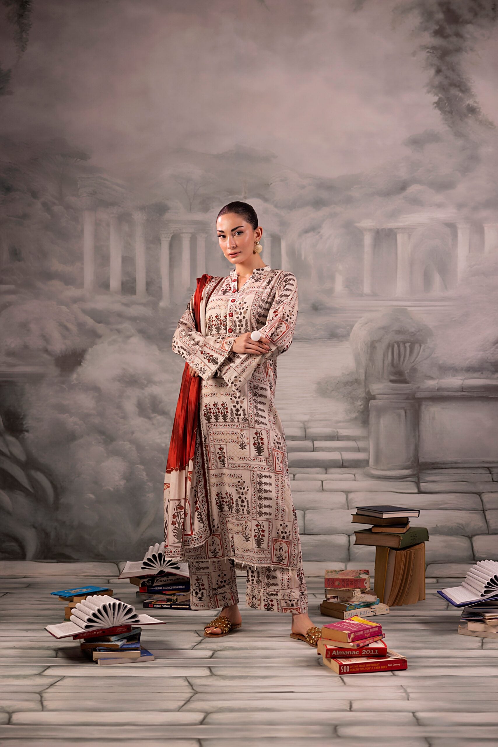 Warm Ivory Salina Separates Lawn Collection worn by model highlighting classic elegance.