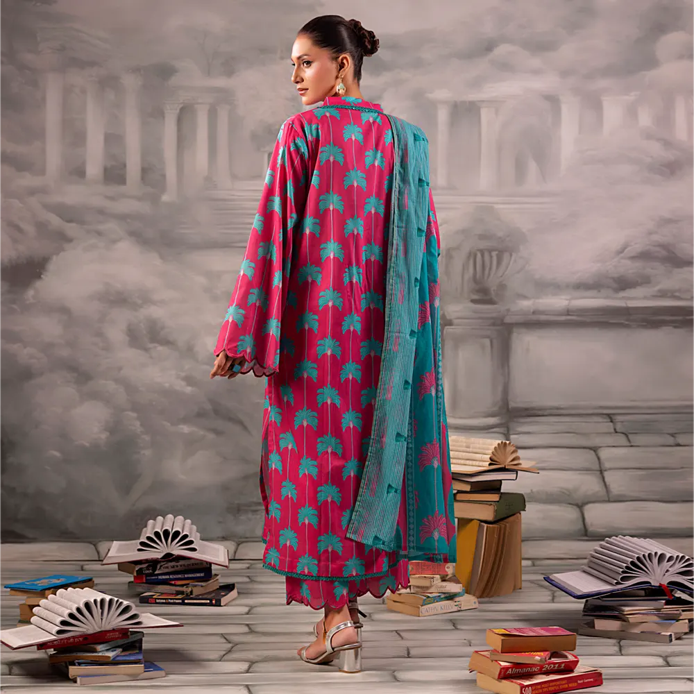 Pink Salina Separates Lawn Collection unstitched set worn by model in a summer garden shoot.