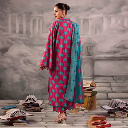 Pink Salina Separates Lawn Collection unstitched set worn by model in a summer garden shoot.