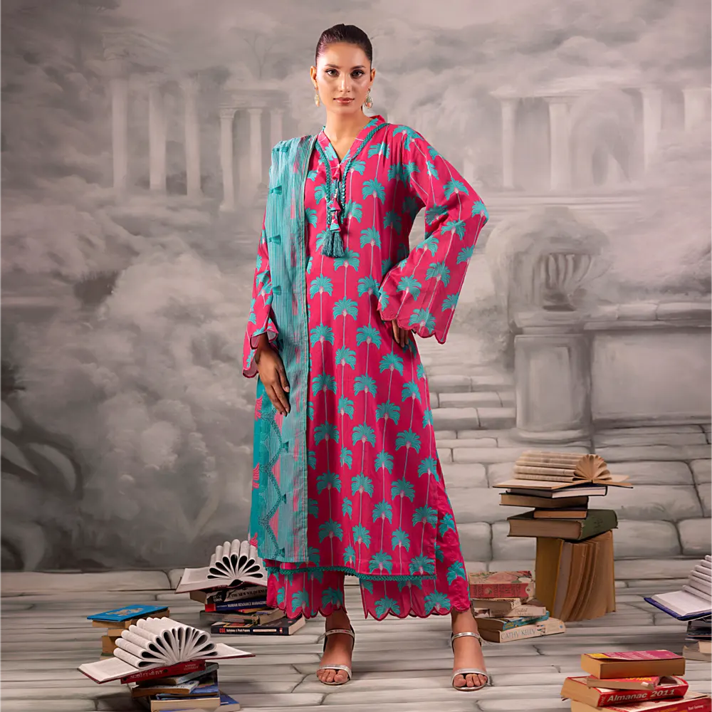Pink Salina Separates Lawn Collection unstitched set worn by model in a summer garden shoot.