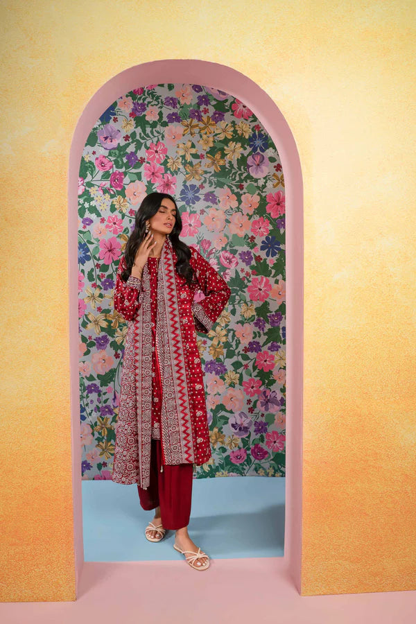 Nisha By Nishat 3pc Unstitched Lawn - Red model showcasing printed shirt, dupatta, and trousers.