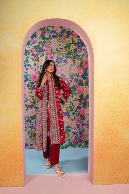 Nisha By Nishat 3pc Unstitched Lawn - Red model showcasing printed shirt, dupatta, and trousers.