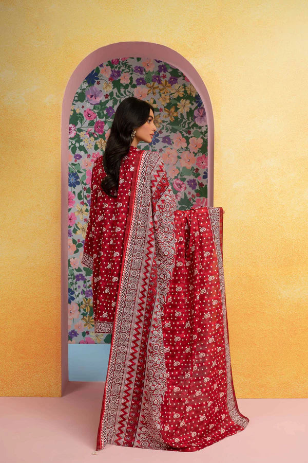 Nisha By Nishat 3pc Unstitched Lawn - Red model showcasing printed shirt, dupatta, and trousers.