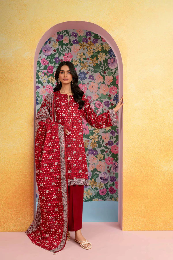 Nisha By Nishat 3pc Unstitched Lawn - Red model showcasing printed shirt, dupatta, and trousers.
