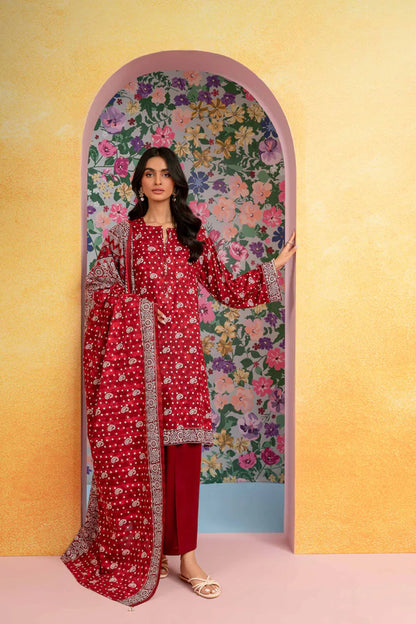 Nisha By Nishat 3pc Unstitched Lawn - Red model showcasing printed shirt, dupatta, and trousers.