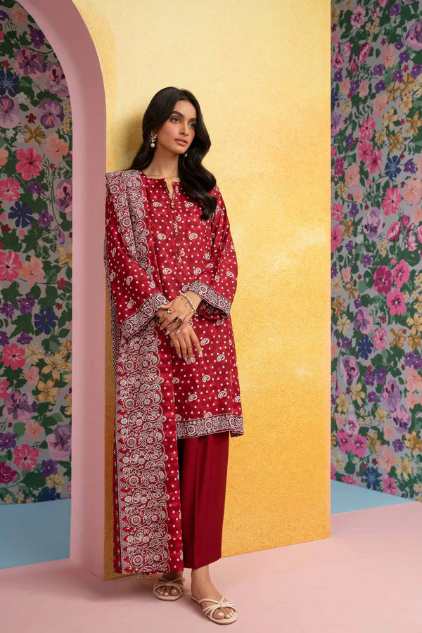 Nisha By Nishat 3pc Unstitched Lawn - Red model showcasing printed shirt, dupatta, and trousers.