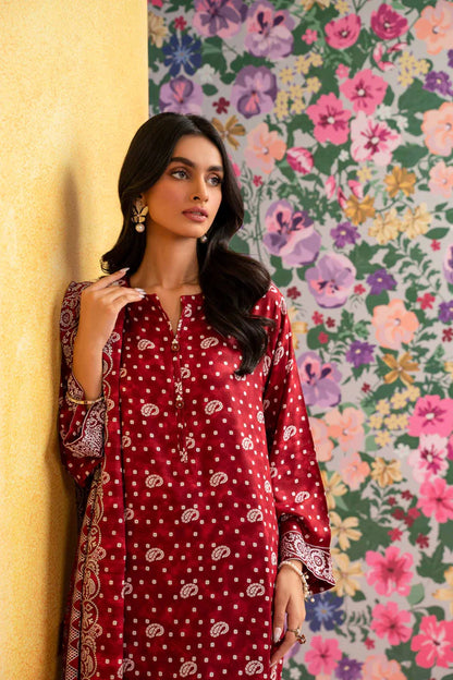 Nisha By Nishat 3pc Unstitched Lawn - Red model showcasing printed shirt, dupatta, and trousers.