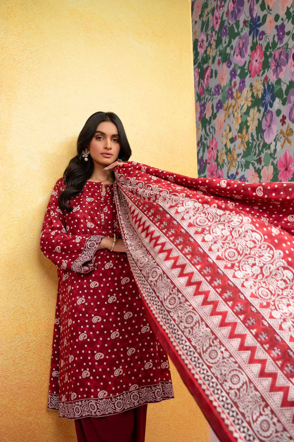 Nisha By Nishat 3pc Unstitched Lawn - Red model showcasing printed shirt, dupatta, and trousers.