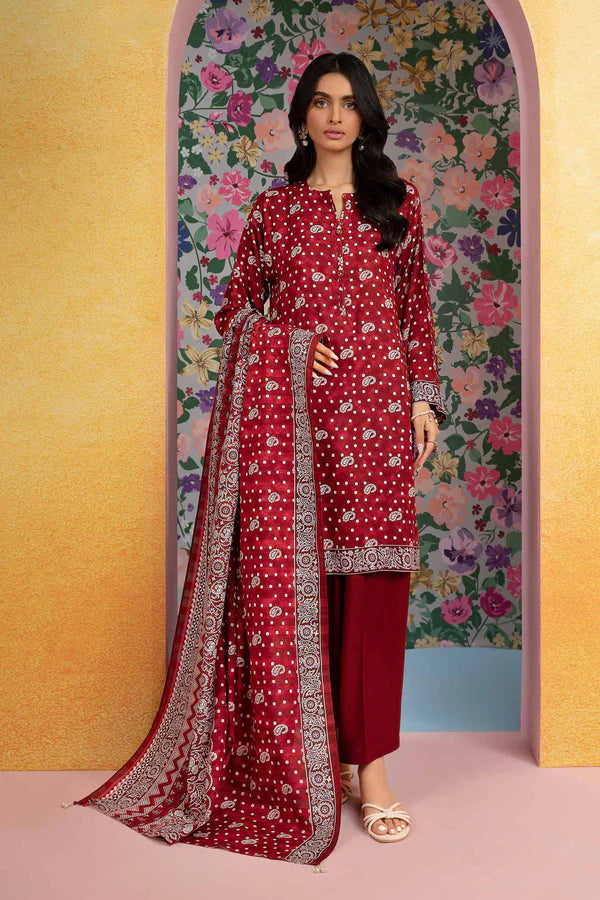 Nisha By Nishat 3pc Unstitched Lawn - Red model showcasing printed shirt, dupatta, and trousers.