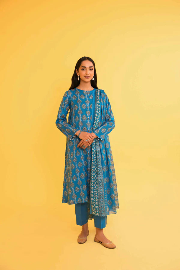 Nisha By Nishat 3pc Unstitched Lawn - Blue model showcasing printed shirt, dupatta, and trousers.