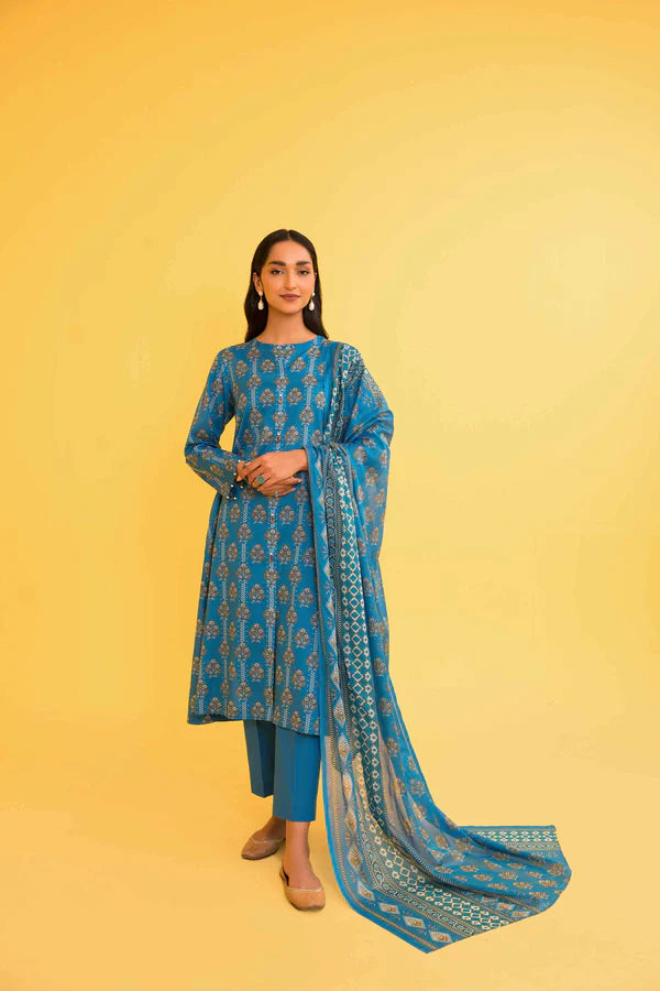 Nisha By Nishat 3pc Unstitched Lawn - Blue model showcasing printed shirt, dupatta, and trousers.
