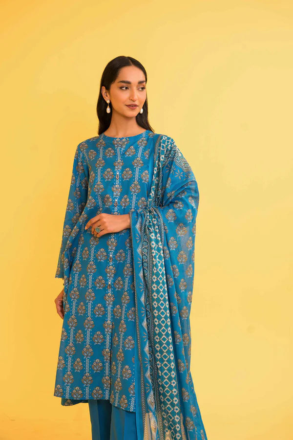 Nisha By Nishat 3pc Unstitched Lawn - Blue model showcasing printed shirt, dupatta, and trousers.