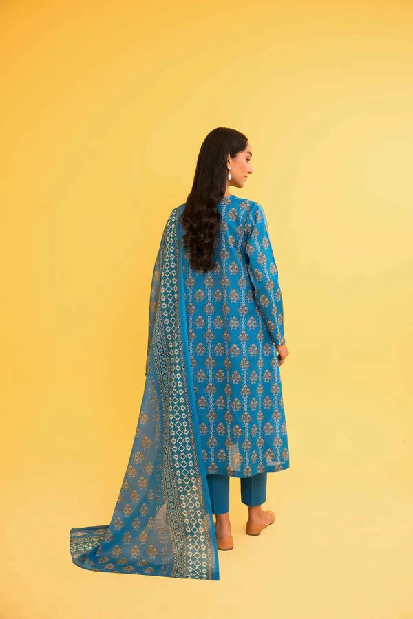 Nisha By Nishat 3pc Unstitched Lawn - Blue model showcasing printed shirt, dupatta, and trousers.
