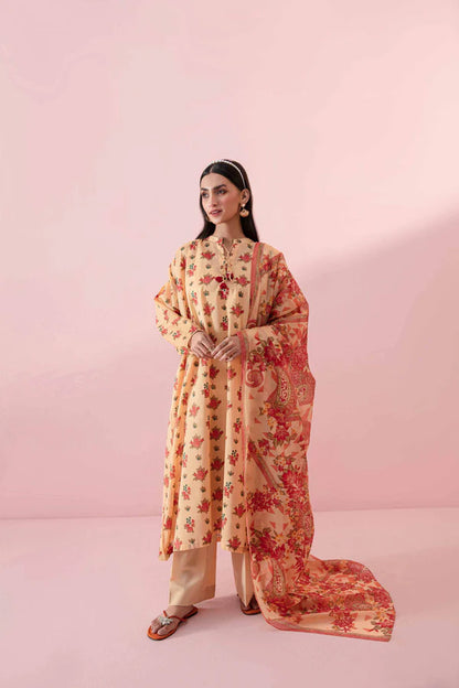 Nisha By Nishat 3pc Unstitched Lawn - Orange model showcasing printed shirt, dupatta, and trousers.