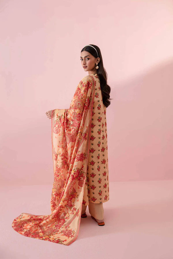 Nisha By Nishat 3pc Unstitched Lawn - Orange model showcasing printed shirt, dupatta, and trousers.