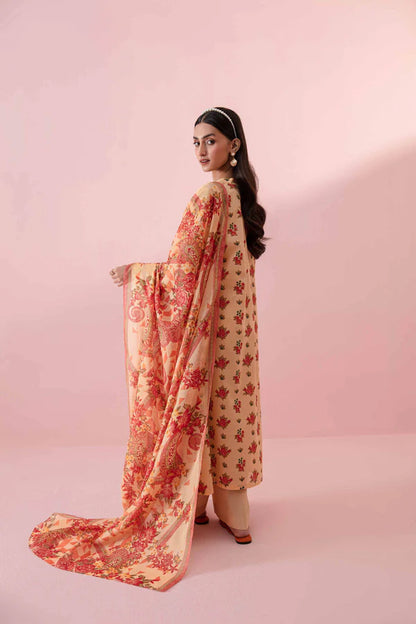 Nisha By Nishat 3pc Unstitched Lawn - Orange model showcasing printed shirt, dupatta, and trousers.