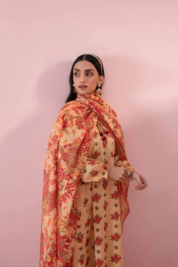 Nisha By Nishat 3pc Unstitched Lawn - Orange model showcasing printed shirt, dupatta, and trousers.