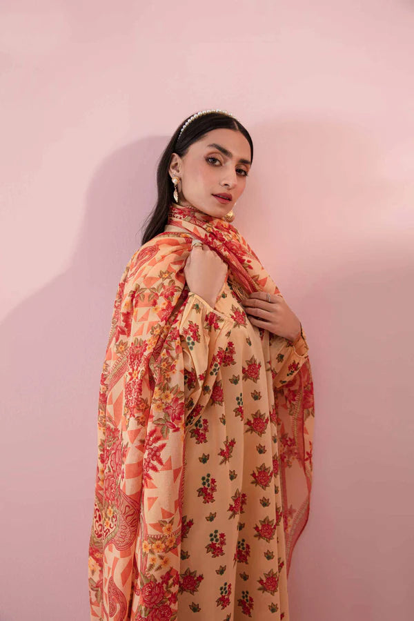 Nisha By Nishat 3pc Unstitched Lawn - Orange model showcasing printed shirt, dupatta, and trousers.