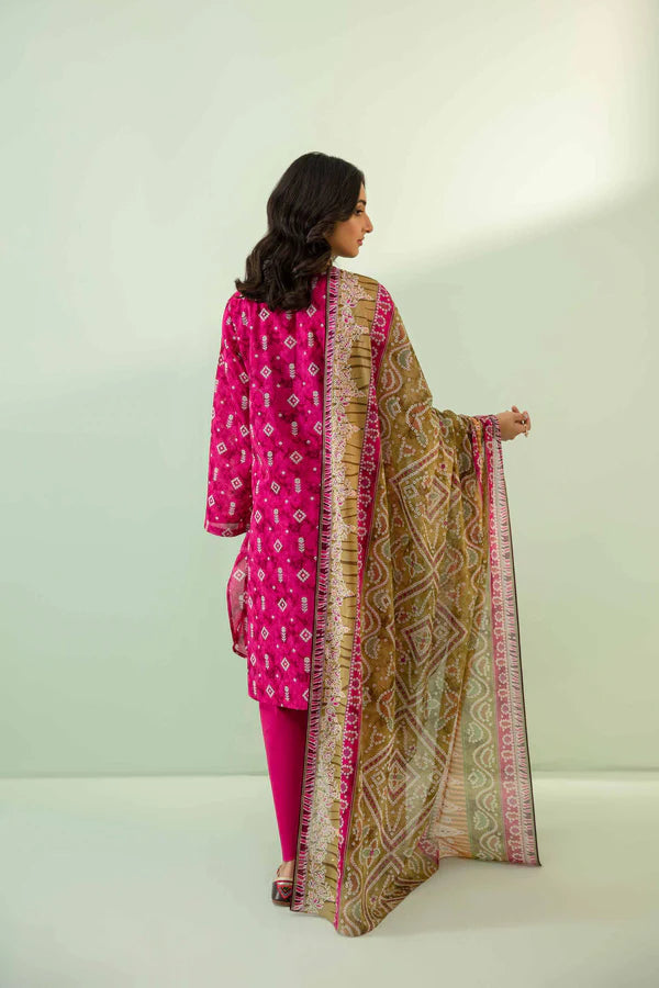 Nisha By Nishat 3pc Unstitched Lawn - Pink model showcasing printed shirt, dupatta, and trousers.