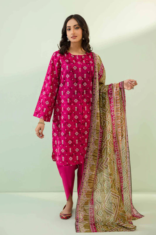 Nisha By Nishat 3pc Unstitched Lawn - Pink model showcasing printed shirt, dupatta, and trousers.