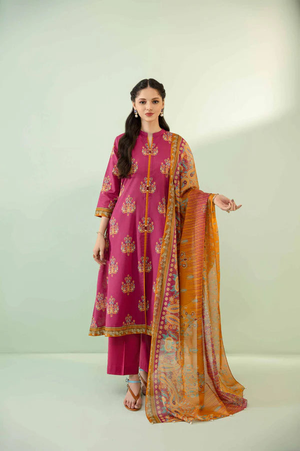 Nisha By Nishat 3pc Unstitched Lawn - Pink model showcasing printed shirt, dupatta, and trousers.