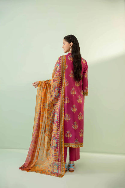 Nisha By Nishat 3pc Unstitched Lawn - Pink model showcasing printed shirt, dupatta, and trousers.