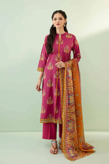 Nisha By Nishat 3pc Unstitched Lawn - Pink model showcasing printed shirt, dupatta, and trousers.