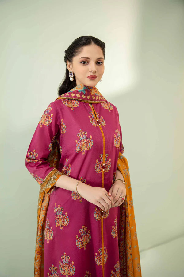 Nisha By Nishat 3pc Unstitched Lawn - Pink model showcasing printed shirt, dupatta, and trousers.