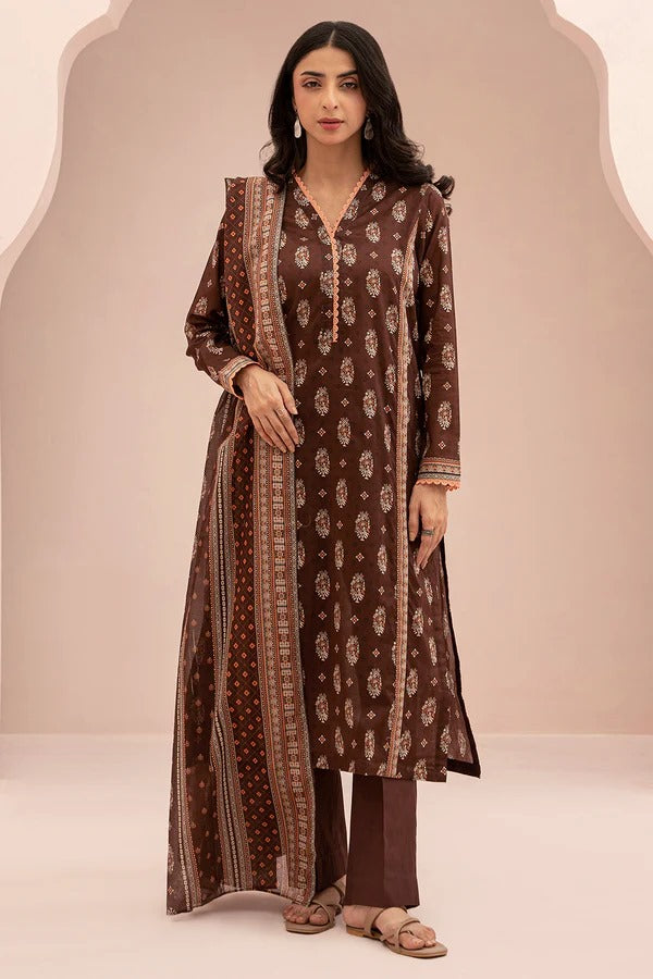 Brown Zellbury 3pc Unstitched Lawn Suit – Stylish Pakistani Lawn Outfit 2025