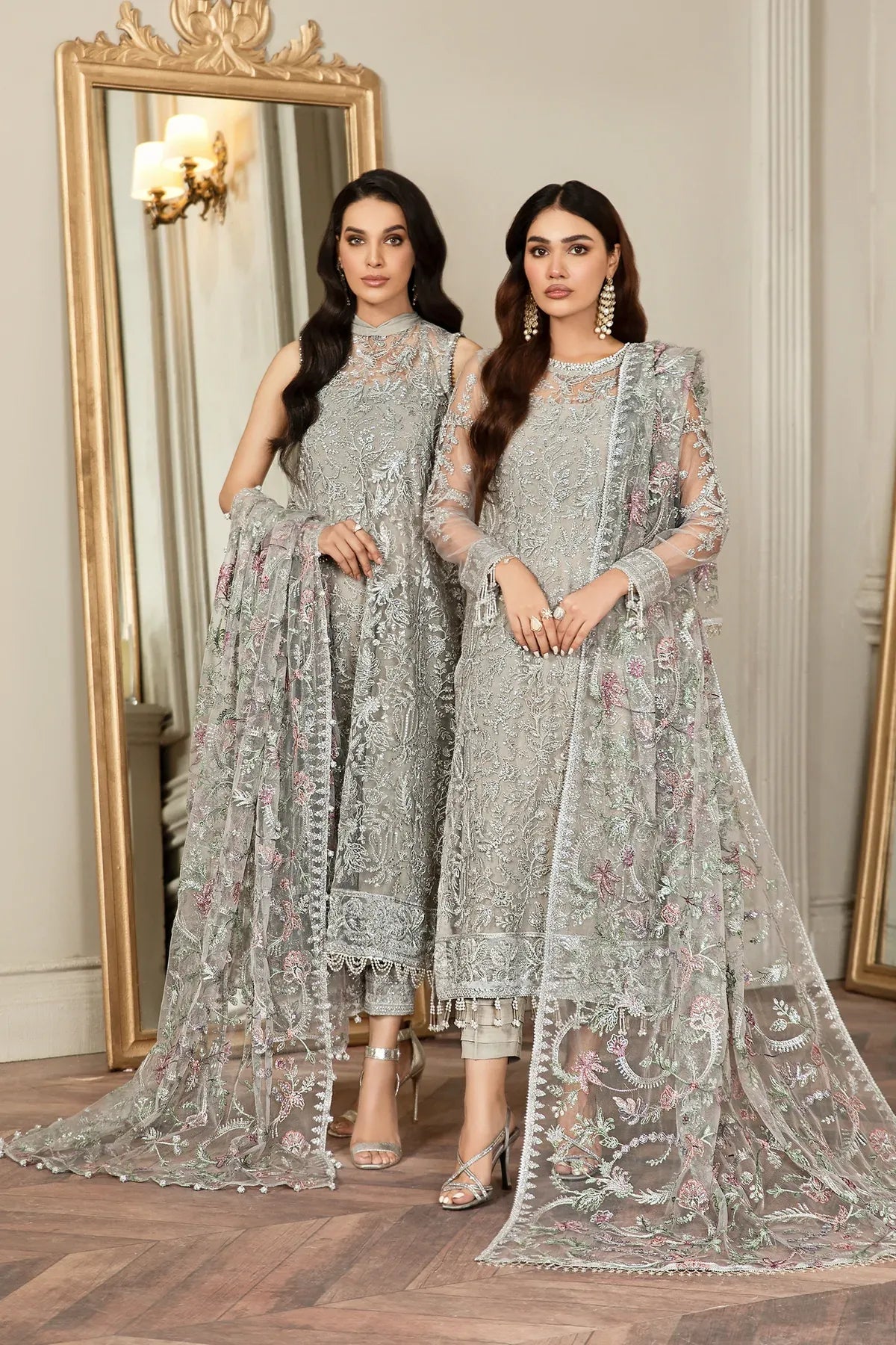 Full front shot of the Zarif Mehroz Formals Silver Grey replica showcasing the heavy sequins net embroidery and tassels.
