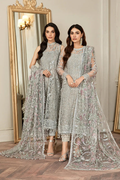 Full front shot of the Zarif Mehroz Formals Silver Grey replica showcasing the heavy sequins net embroidery and tassels.