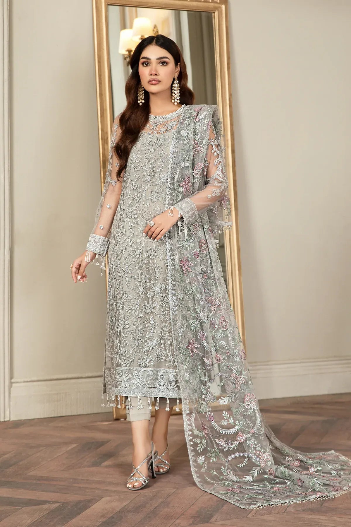 Full front shot of the Zarif Mehroz Formals Silver Grey replica showcasing the heavy sequins net embroidery and tassels.