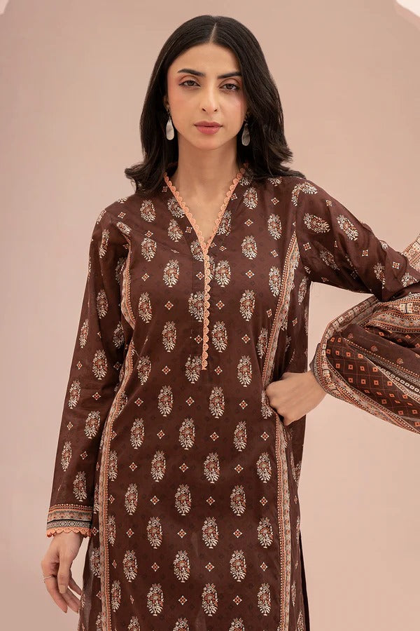 Brown Zellbury 3pc Unstitched Lawn Suit – Stylish Pakistani Lawn Outfit 2025