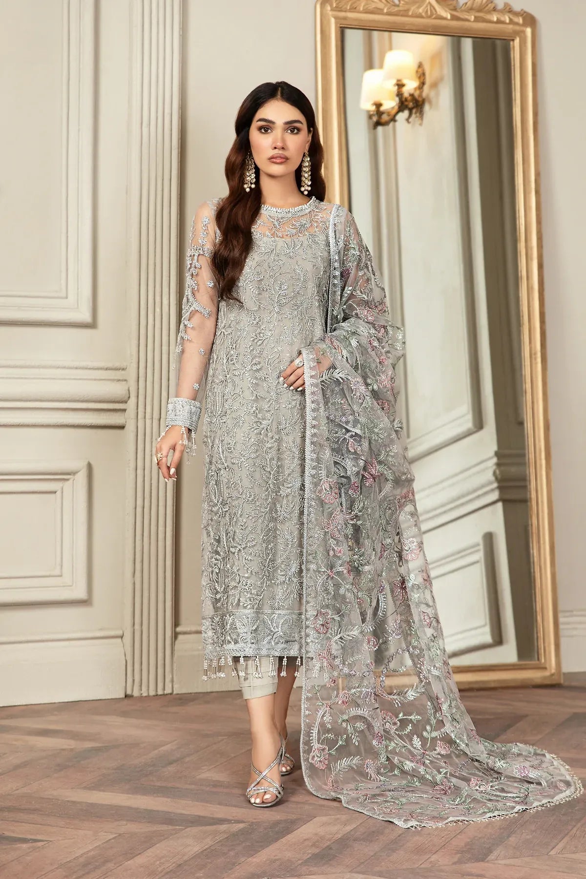 Full front shot of the Zarif Mehroz Formals Silver Grey replica showcasing the heavy sequins net embroidery and tassels.