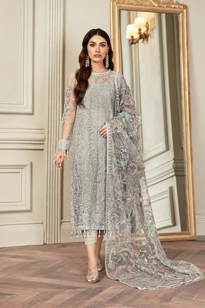Full front shot of the Zarif Mehroz Formals Silver Grey replica showcasing the heavy sequins net embroidery and tassels.