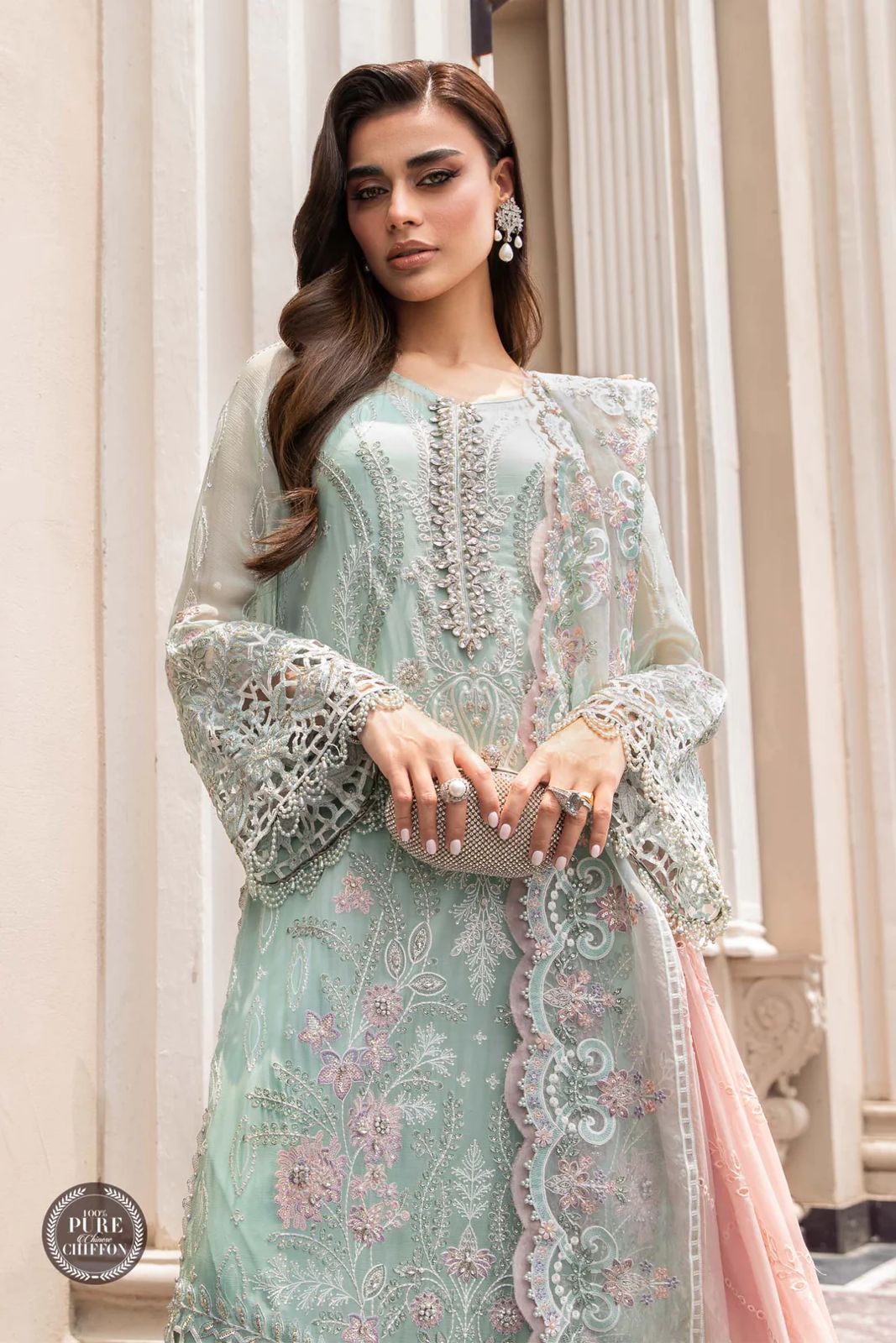 view of the Maria B Embroidered Chiffon Mint Green replica