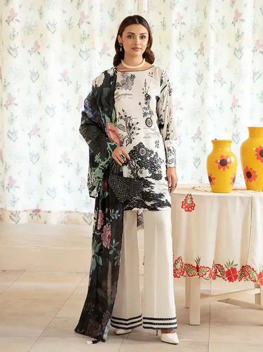 Pearl And Petals by Binaas 3pc Unstitched Bana Dora Lawn Collection – Black/White