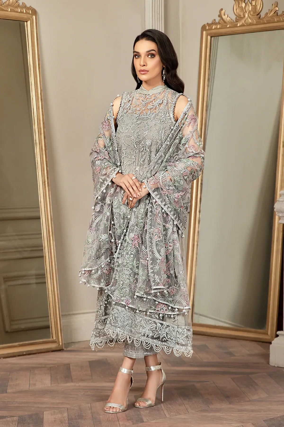 Full front shot of the Zarif Mehroz Formals Silver Grey replica showcasing the heavy sequins net embroidery and tassels.