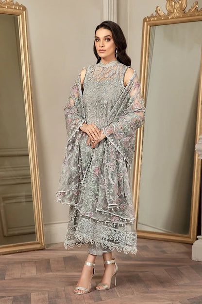 Full front shot of the Zarif Mehroz Formals Silver Grey replica showcasing the heavy sequins net embroidery and tassels.
