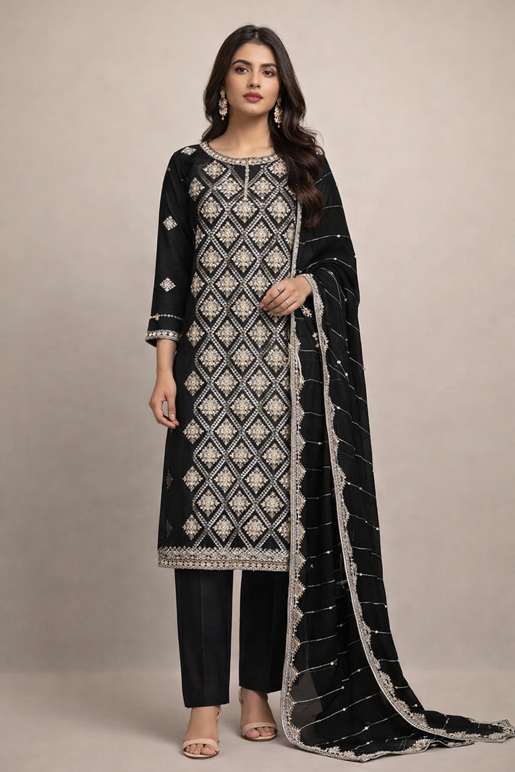 Bottle Green | Luxury Chiffon Embroidered
