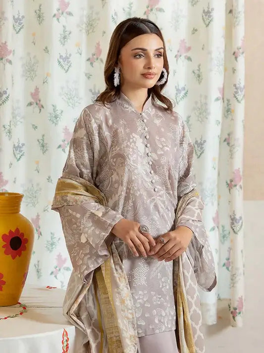 Pearl And Petals by Binaas 3pc Unstitched Bana Dora Lawn Collection – Elegant Taupe