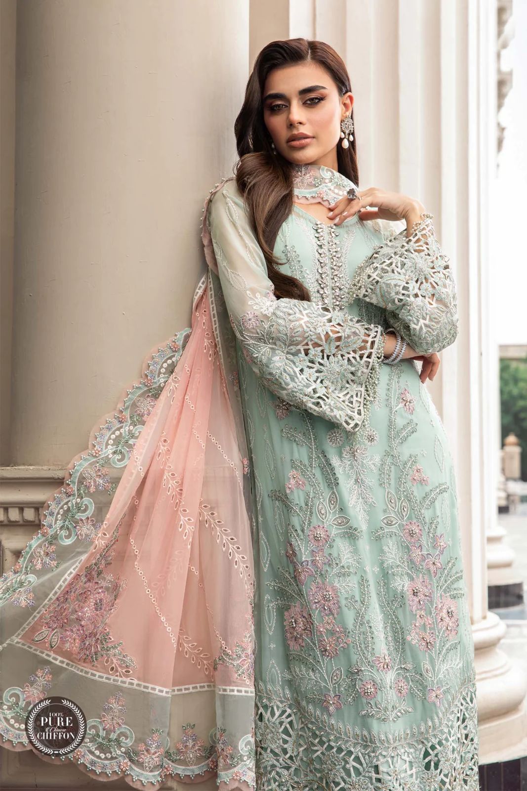view of the Maria B Embroidered Chiffon Mint Green replica
