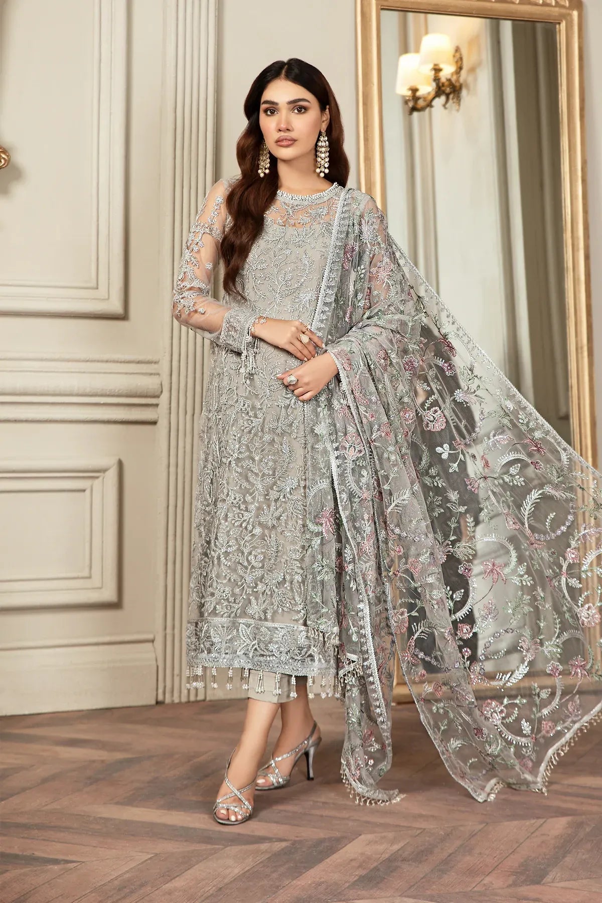 Full front shot of the Zarif Mehroz Formals Silver Grey replica showcasing the heavy sequins net embroidery and tassels.