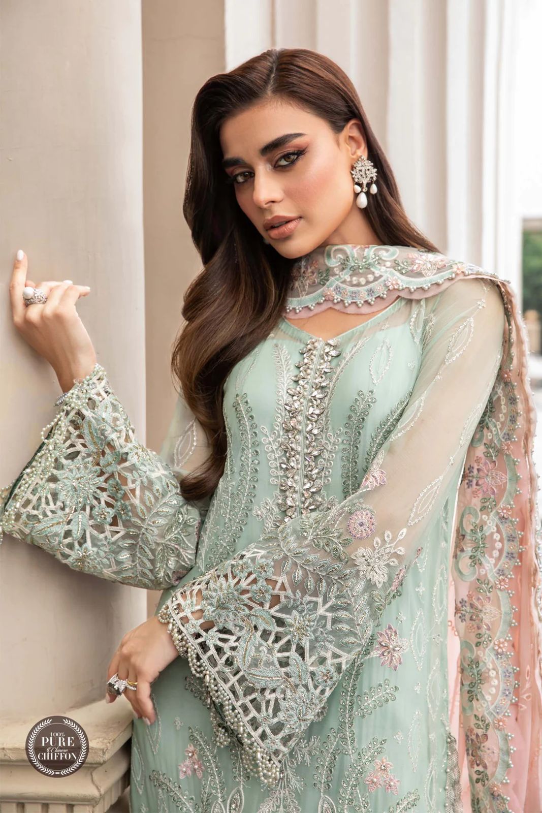 view of the Maria B Embroidered Chiffon Mint Green replica